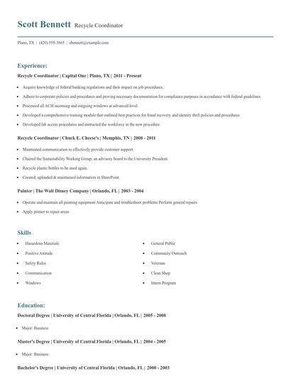 Recycle Coordinator Resume