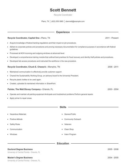 Recycle Coordinator Resume