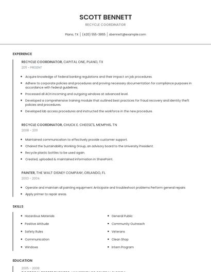 Recycle Coordinator Resume