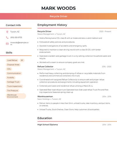 Recycle Driver Resume