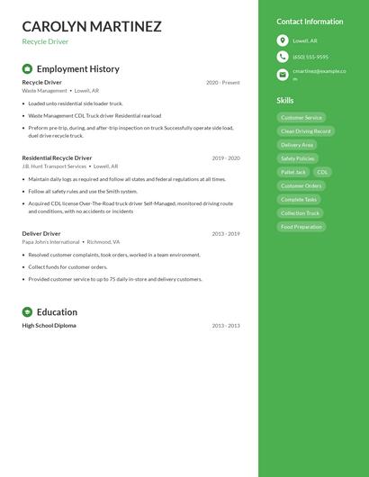Recycle Driver Resume