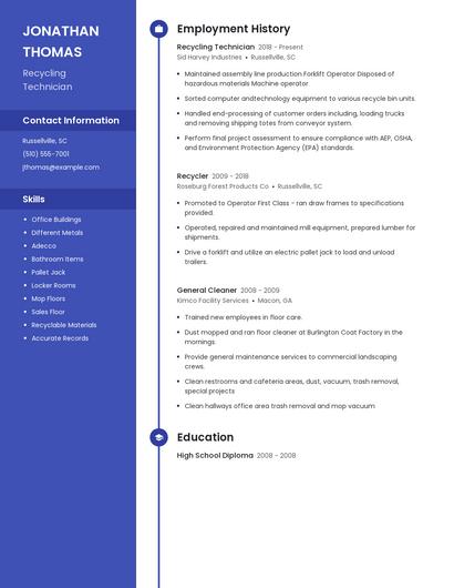 Recycling Technician Resume