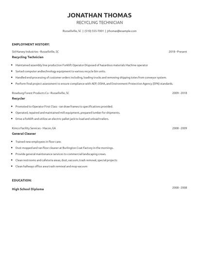 Recycling Technician Resume