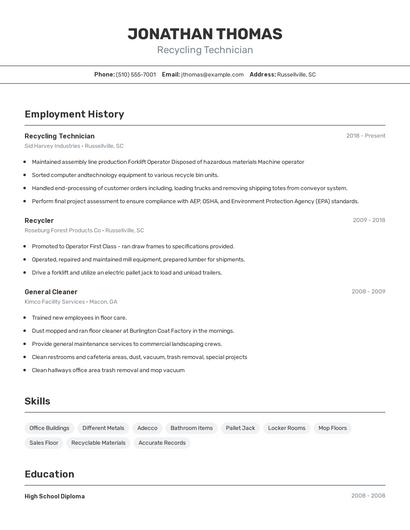Recycling Technician Resume