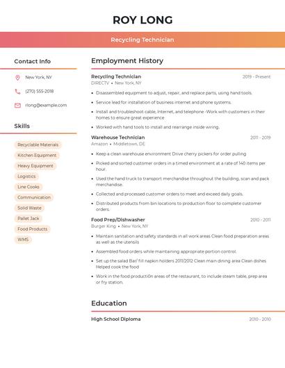 Recycling Technician Resume
