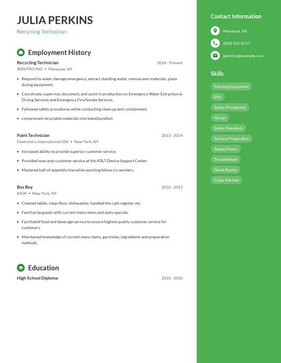Recycling Technician Resume