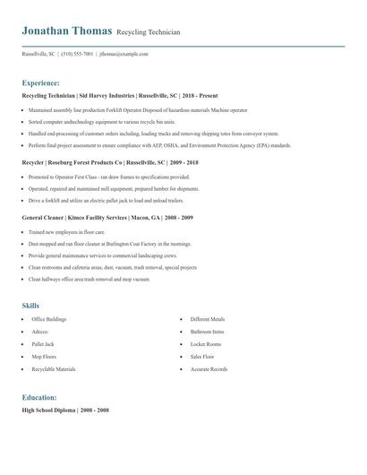 Recycling Technician Resume