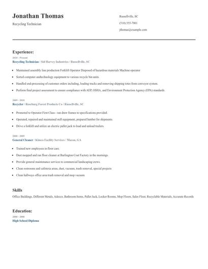 Recycling Technician Resume