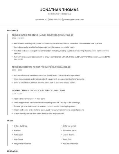 Recycling Technician Resume