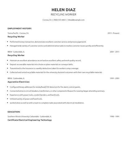 Recycling Worker Resume