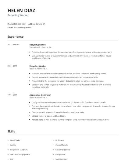 Recycling Worker Resume
