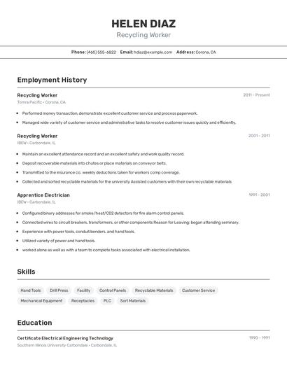 Recycling Worker Resume