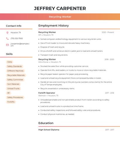 Recycling Worker Resume