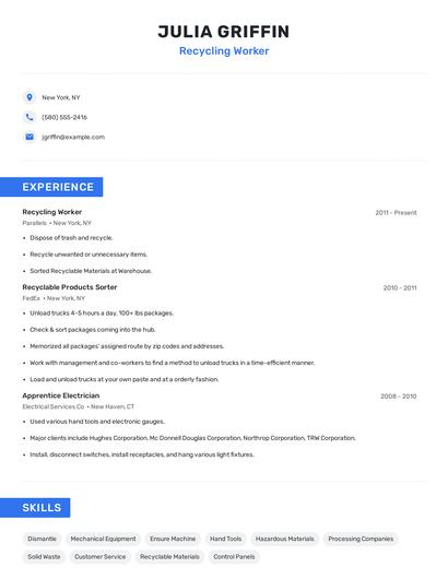 Recycling Worker Resume