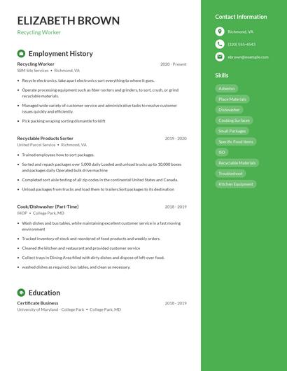 Recycling Worker Resume