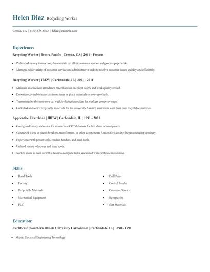 Recycling Worker Resume