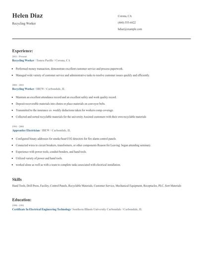 Recycling Worker Resume