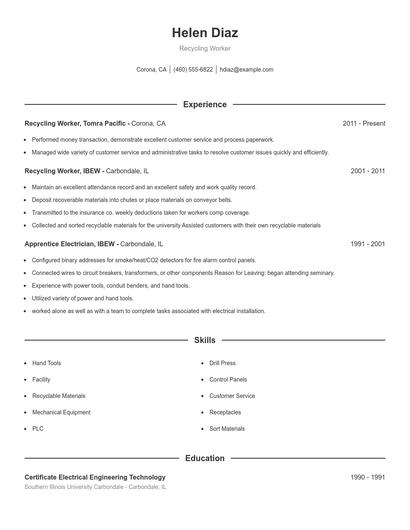 Recycling Worker Resume