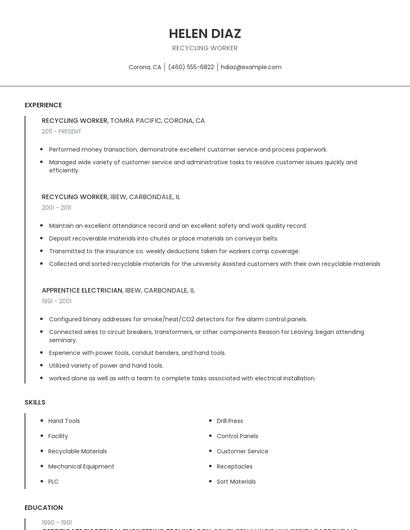 Recycling Worker Resume