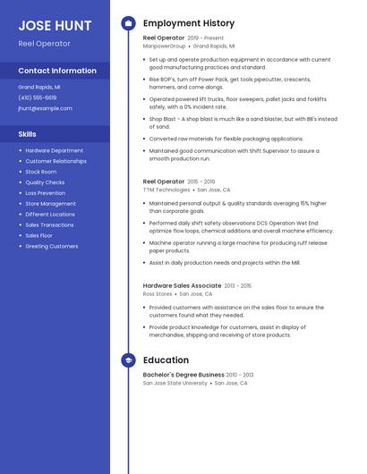 Reel Operator Resume