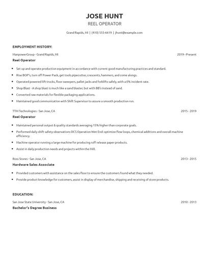 Reel Operator Resume