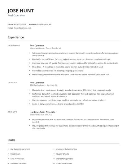 Reel Operator Resume