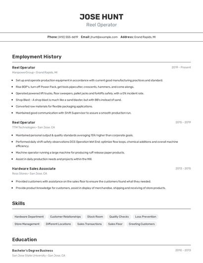 Reel Operator Resume