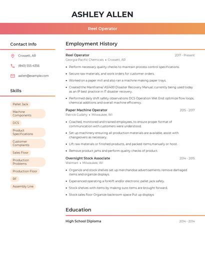 Reel Operator Resume