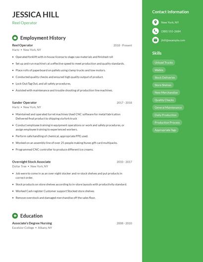 Reel Operator Resume