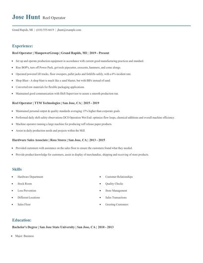Reel Operator Resume