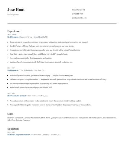 Reel Operator Resume
