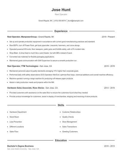 Reel Operator Resume