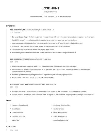 Reel Operator Resume