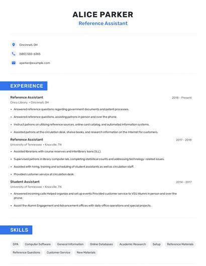 Reference Assistant Resume