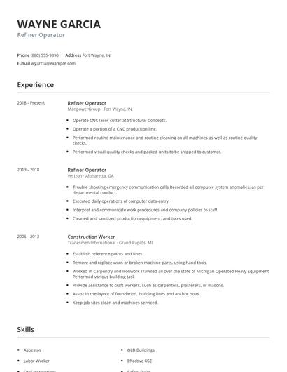 Refiner Operator Resume