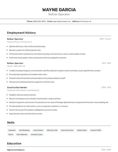 Refiner Operator Resume