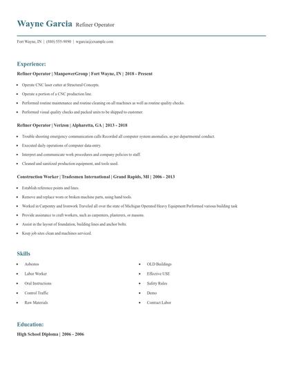 Refiner Operator Resume