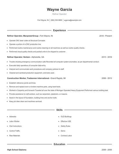 Refiner Operator Resume
