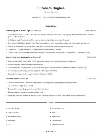 Refinery Operator Resume
