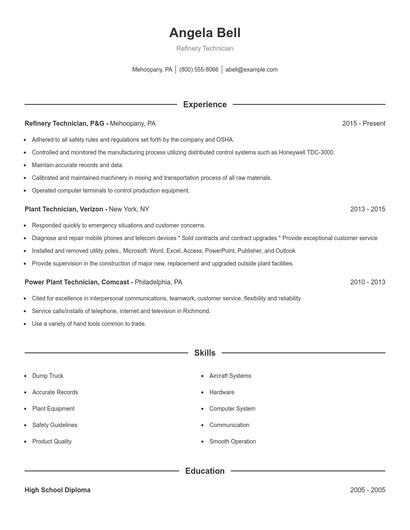 Refinery Technician Resume