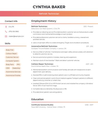 Refinish Technician Resume