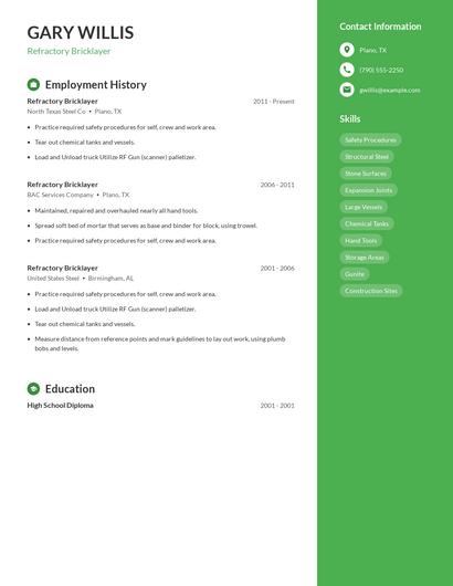 Refractory Bricklayer Resume