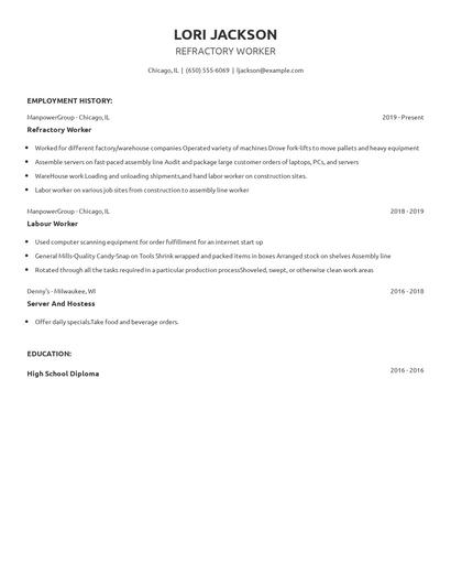 Refractory Worker Resume