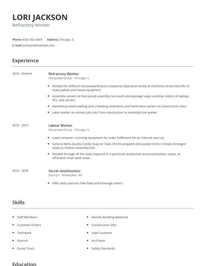 Refractory Worker Resume