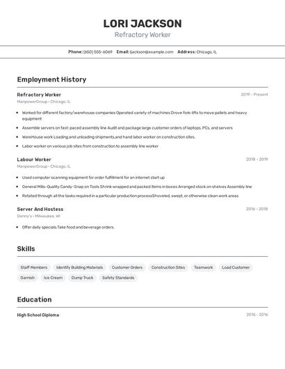 Refractory Worker Resume