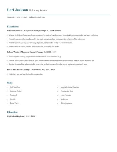 Refractory Worker Resume