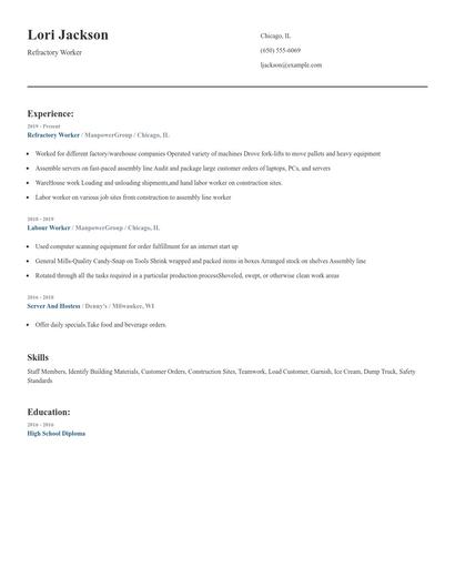 Refractory Worker Resume