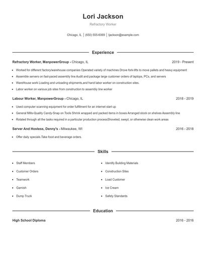 Refractory Worker Resume