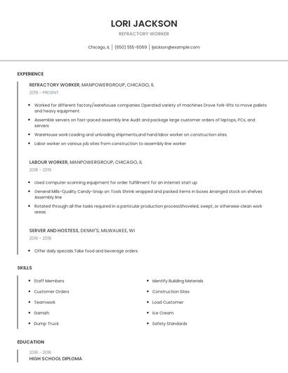 Refractory Worker Resume