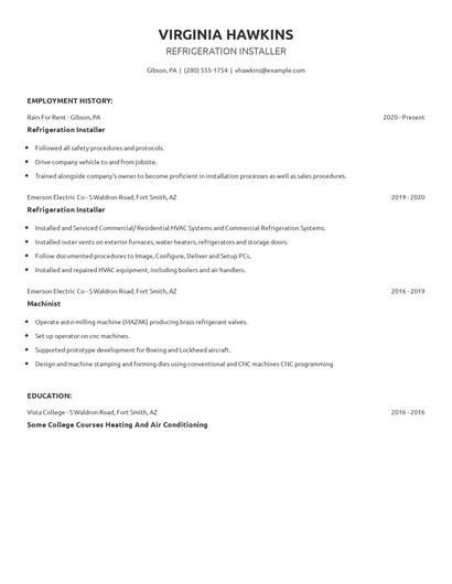 Refrigeration Installer Resume